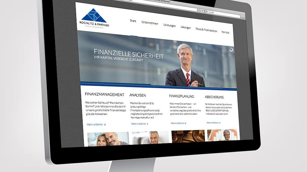 Referenz Unternehmens Website Hauptbildschirm der Schierrieger Website mit Fokus auf Finanz- und Sicherheitsberatung, die Expertise im Bereich Finanzmanagement, Analyse, Planung und Absicherung zeigt.